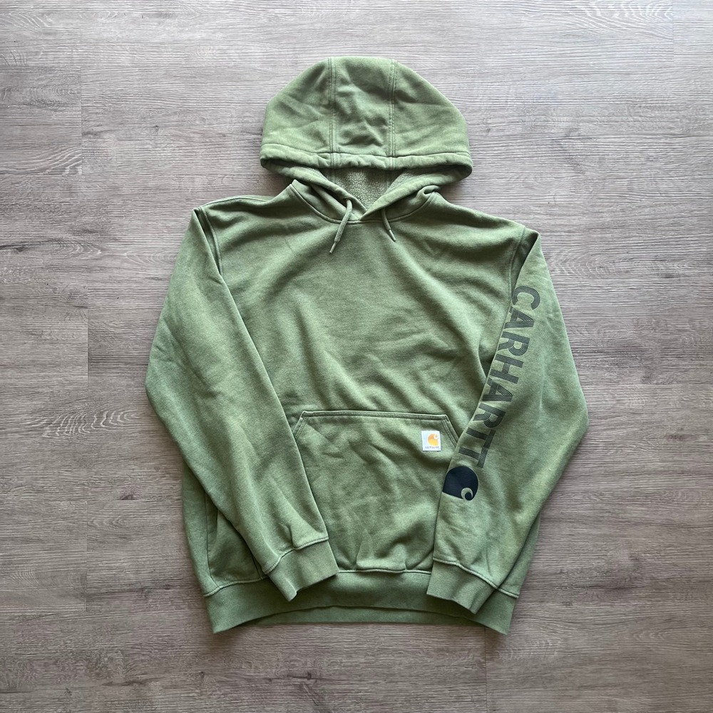 Carhartt Mens Loose Fit Spell Out Sleeve Logo Hoodie Olive Green L Fleece - Picture 1 of 15